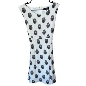 NWOT Cute Owl Print Fit & Flare Dress Women’s Large White Black Sleeveless